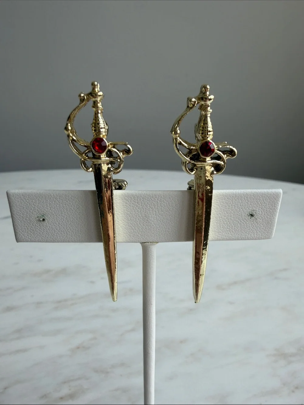 Sword gold Brooches with red rhinestone accents- whimsigoth